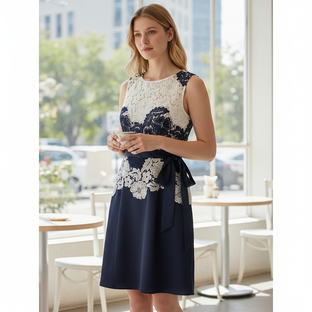 Tahari Arthur S Levine Navy Blue White Lace Satin Cocktail Dress Sash Size 2